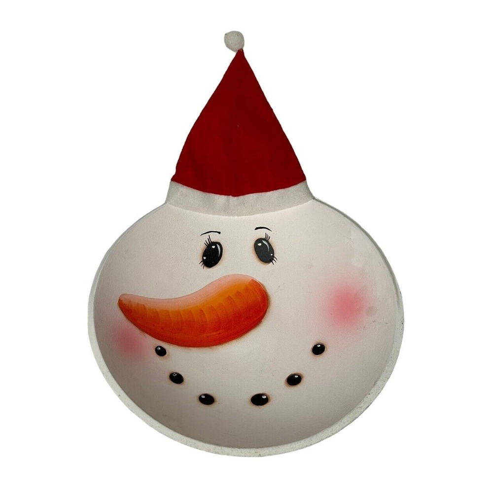 Vtg Christmas Snowman Round Wooden Bowl 11.5” With Felt Hat Painted Primitive
